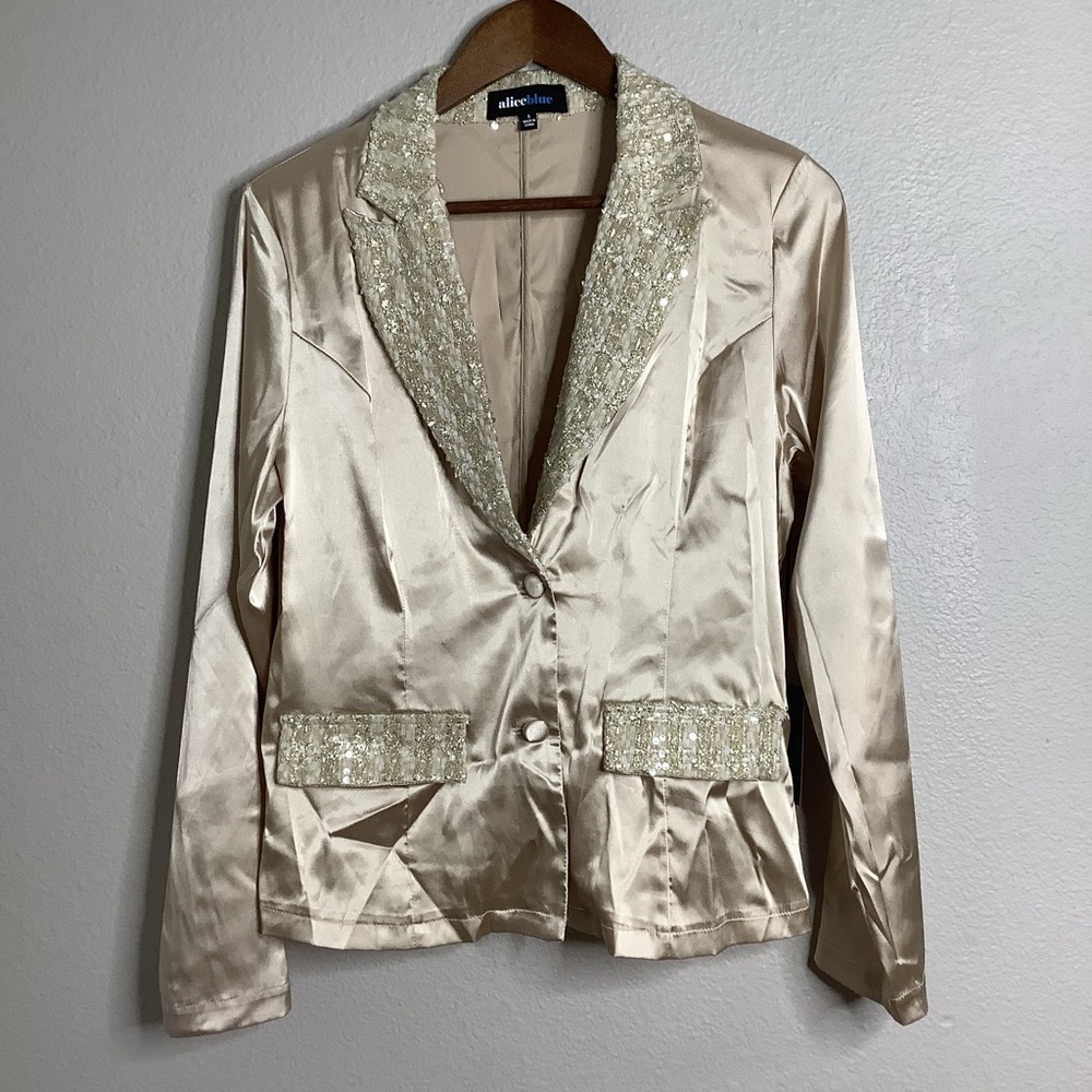 Alice Blue Women's Cream satin Blazer with Beaded Accents